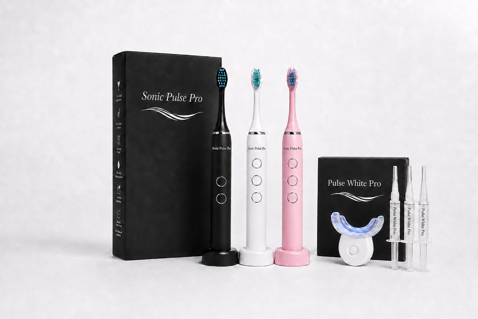 Sonic Pulse Pro toothbrushes in black, white, and baby pink with the Pulse White Pro whitening kit